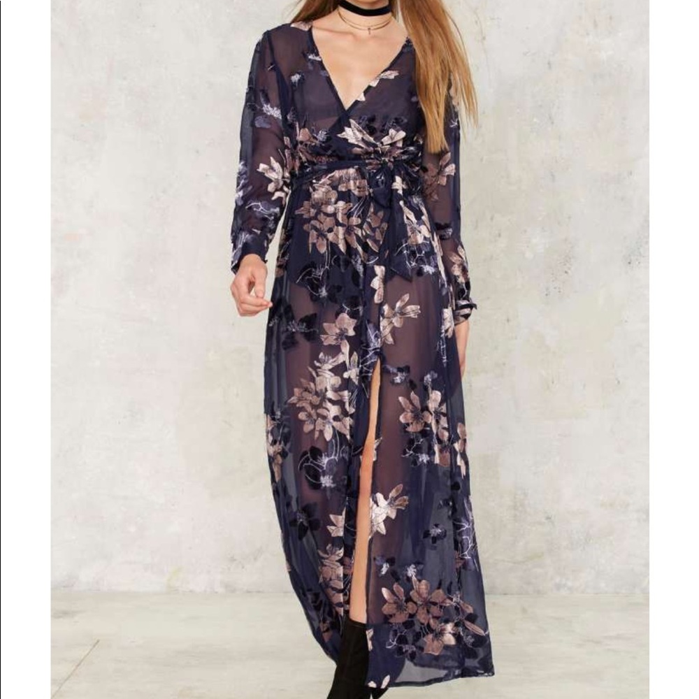 Nasty gal long floral burnout velvet & sheer maxi